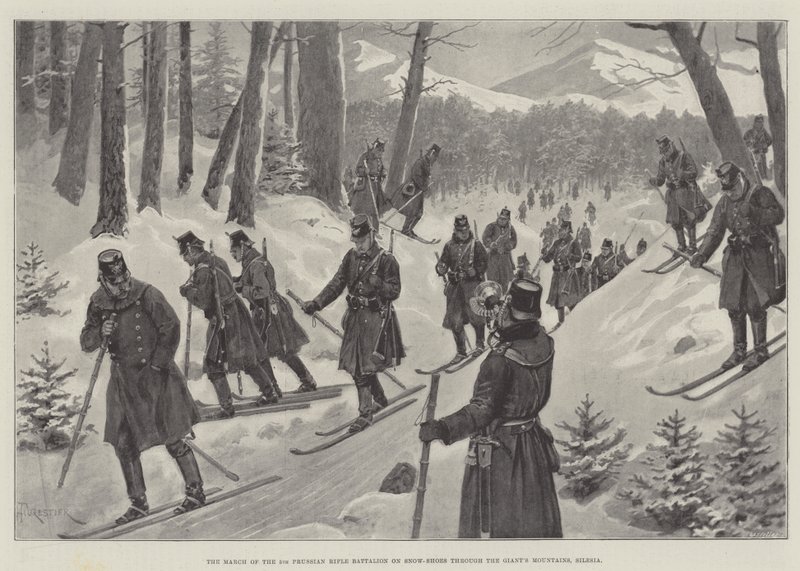 A Marcha do 5º Batalhão de Rifles Prussiano em Sapatos de Neve pelas Montanhas do Gigante, Silésia de Amedee Forestier