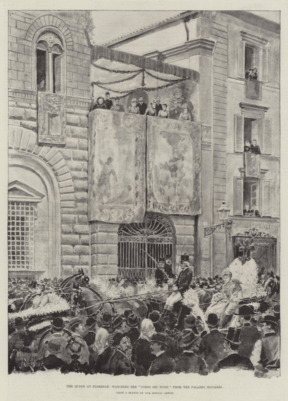 A Rainha em Florença, observando o Corso dei Fiori do Palazzo Riccardi de Amedee Forestier
