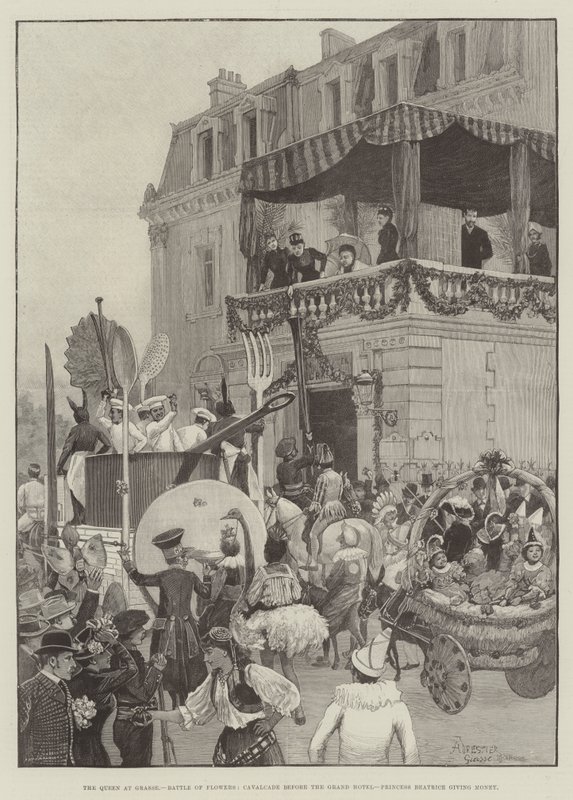 A Rainha em Grasse, Batalha de Flores, Cavalgada antes do Grande Hotel, Princesa Beatriz dando Dinheiro de Amedee Forestier