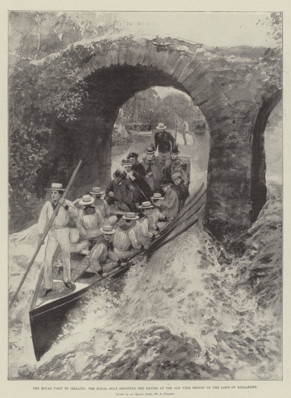 A visita real à Irlanda, o barco real, atirando as corredeiras na ponte velha Weir no lago de Killarney de Amedee Forestier