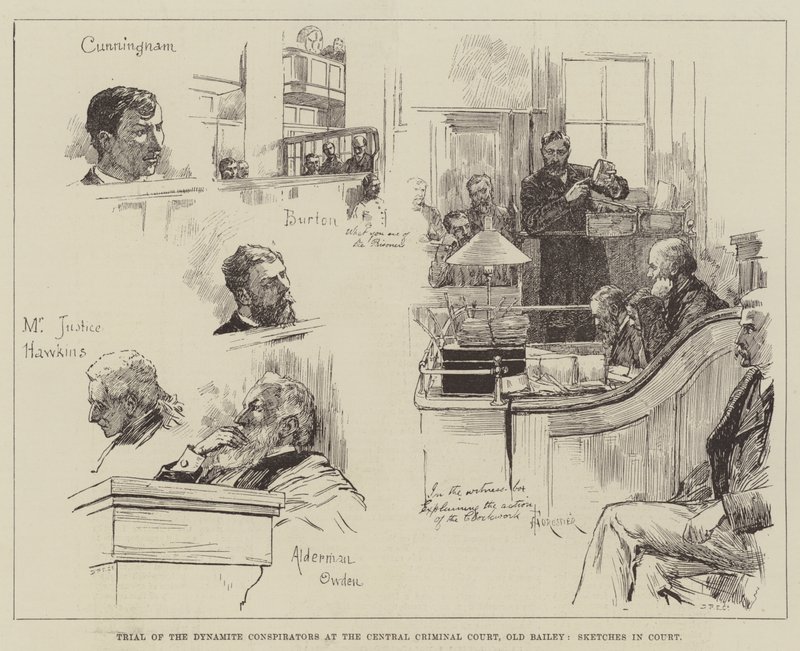Julgamento de conspiradores de dinamite no Tribunal Criminal Central, Old Bailey, Sketches in Court de Amedee Forestier