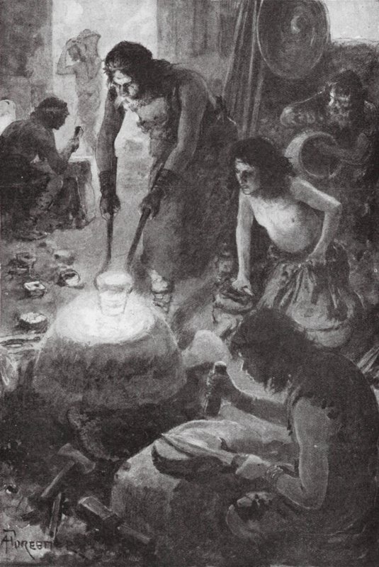 Povos ibéricos a fundir bronze na Grã-Bretanha (litografia) de Amedee (after) Forestier