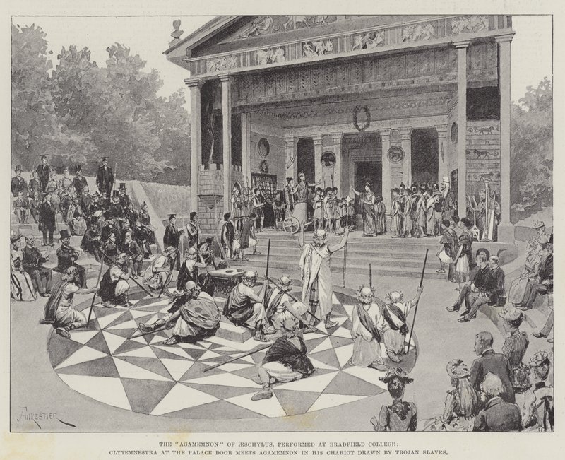 O "Agamémnon" de Ésquilo, apresentado no Bradfield College, Clytemnestra na Porta do Palácio encontra Agamémnon na sua carruagem desenhada pelos seus escravos de Tróia (litho) de Amedee (after) Forestier