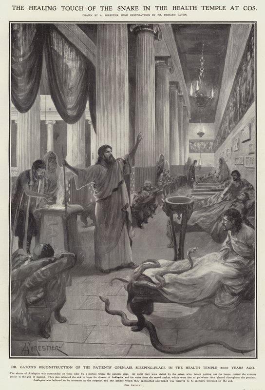 O toque curativo da serpente no templo da saúde em Cos (litho) de Amedee (after) Forestier