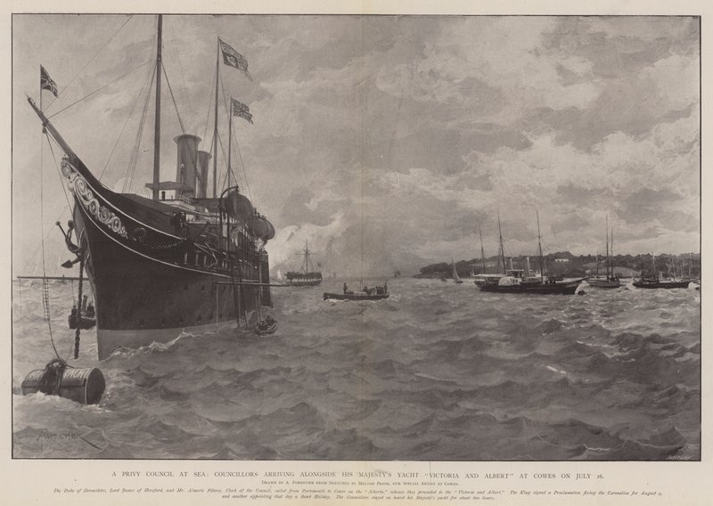 Um Conselho Privado no Mar, Conselheiros que chegam ao lado de Yacht Victoria e Albert em Cowes em 26 de julho de Amedee Forestier
