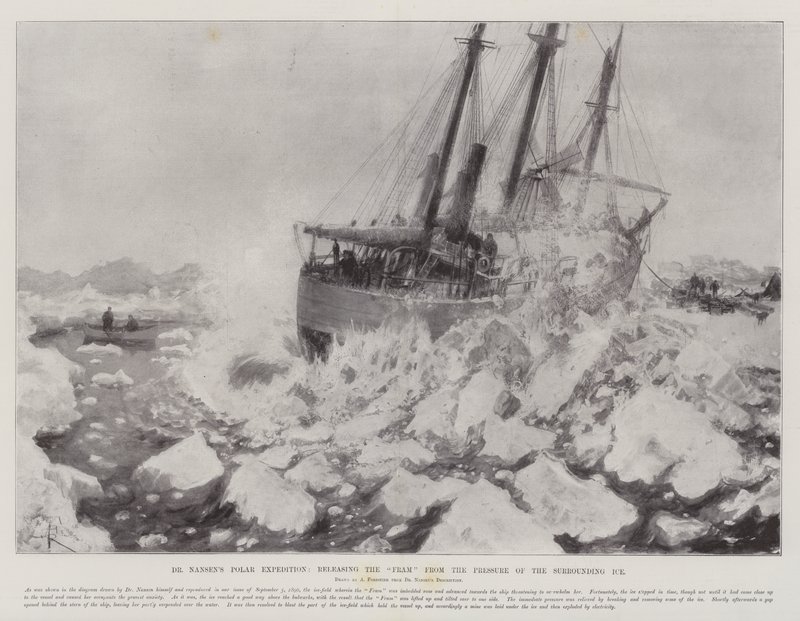Expedição Polar do Dr. Nansen, liberando o Fram da pressão do gelo circundante de Amedee Forestier