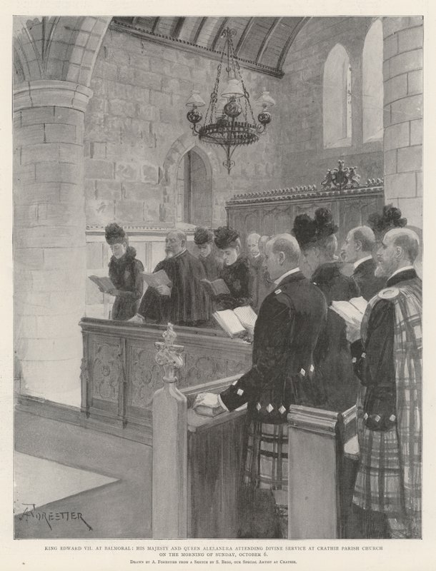 Rei Eduardo VII em Balmoral, Sua Majestade e Rainha Alexandra participando do Serviço Divino na Igreja Paroquial de Crathie na manhã do domingo, 6 de outubro de Amedee Forestier