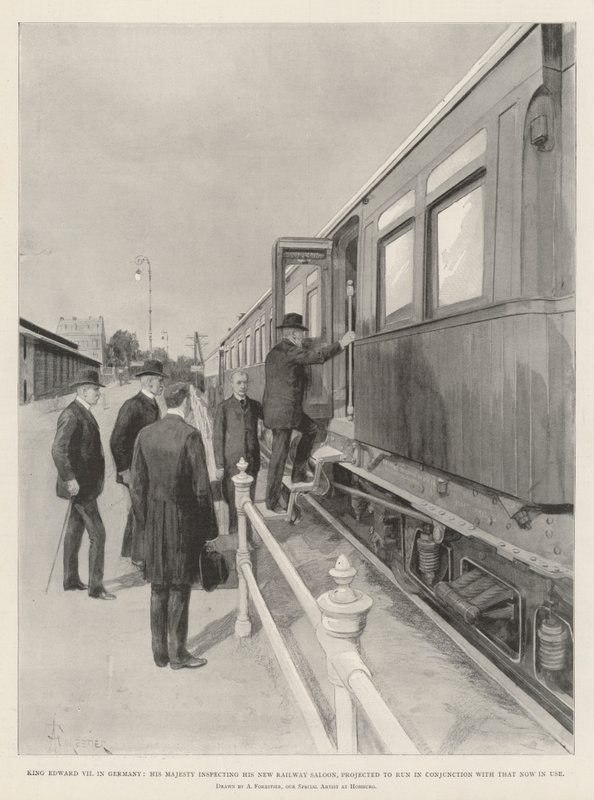 Rei Eduardo VII na Alemanha, Sua Majestade inspecionando seu New Railway Saloon, projetado para rodar em Conjunção com o agora em uso de Amedee Forestier