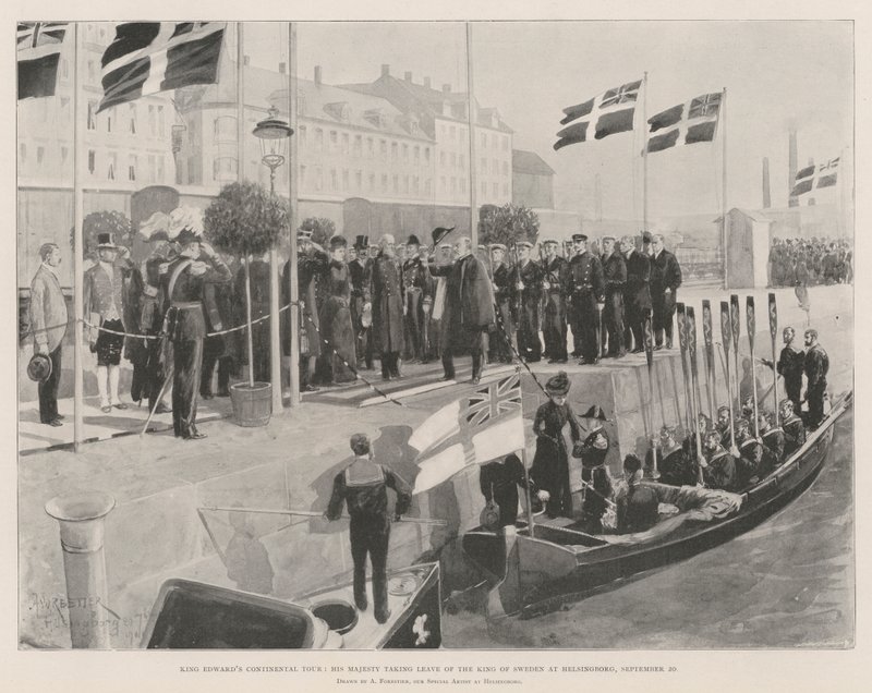 Turnê Continental de King Edward, Sua Majestade tomando o Rei da Suécia em Helsingborg, 20 de setembro de Amedee Forestier