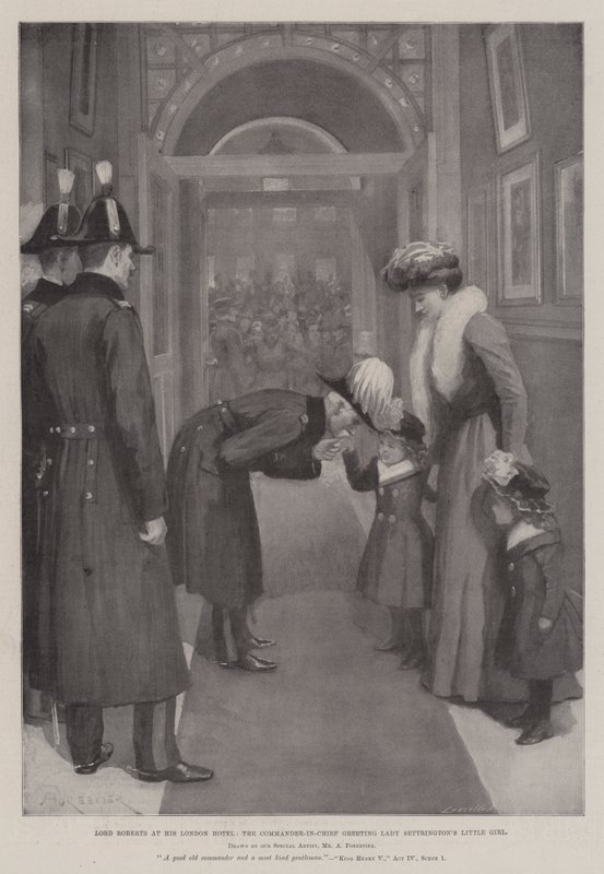 Lord Roberts em seu London Hotel, o comandante-chefe cumprimentando Lady Settrington&39;s Little Girl de Amedee Forestier