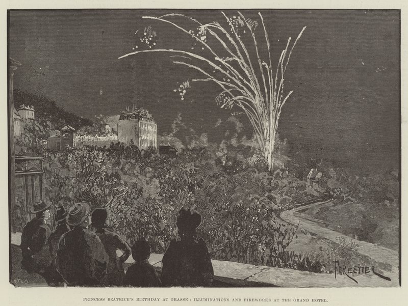 Aniversário da princesa Beatriz em Grasse, iluminações e fogos de artifício no Grand Hotel de Amedee Forestier