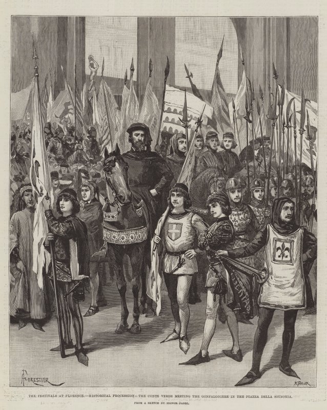 Os Festivais de Florença, a Procissão Histórica, o Conde Verde, encontrando o Gonfaloniere na Piazza della Signoria de Amedee Forestier
