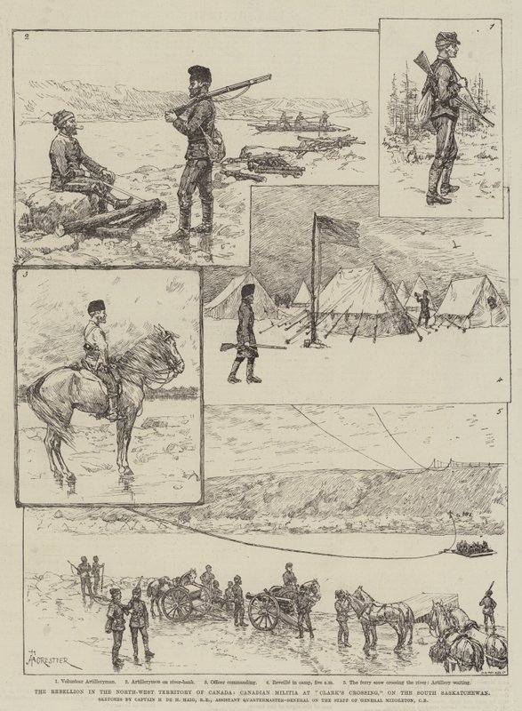A Rebelião no Território do Noroeste do Canadá, Milícia Canadense na Travessia de Clark, no South Saskatchewan de Amedee Forestier