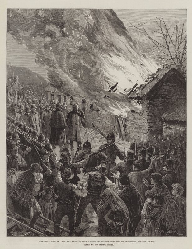 A guerra de aluguel na Irlanda, queimando as casas de inquilinos despejados em Glenbeigh, Condado de Kerry de Amedee Forestier