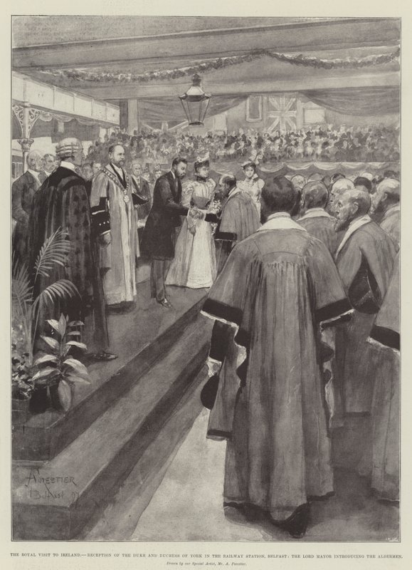 A Visita Real à Irlanda, Recepção do Duque e Duquesa de York na Estação Ferroviária, Belfast, o Lord Mayor apresentando os vereadores de Amedee Forestier