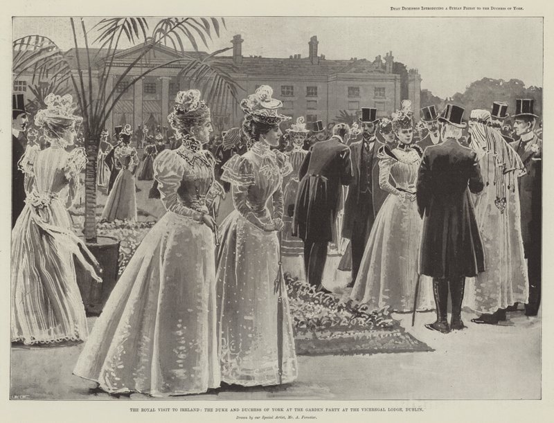 A visita real à Irlanda, o duque e a duquesa de York na festa de jardim na loja dos vice-reis, em Dublin de Amedee Forestier