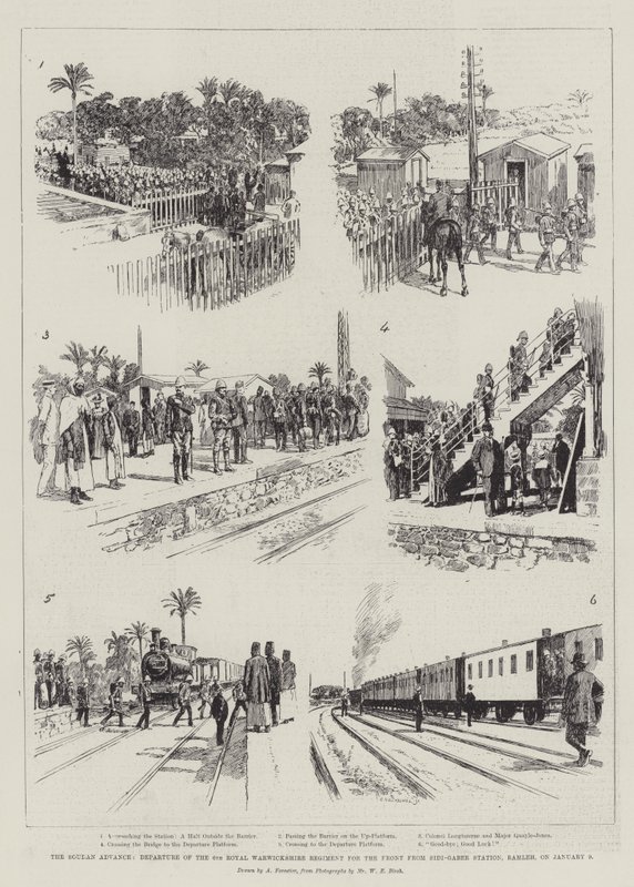The Soudan Advance, Partida do 6º Regimento Real de Warwickshire para a Frente da Estação Sidi-Gaber, Ramleh, em 9 de janeiro de Amedee Forestier