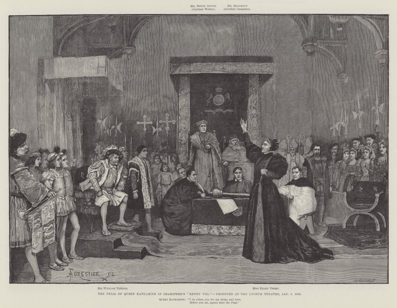 O Julgamento da Rainha Katharine no Henry VIII de Shakspere, produzido no Lyceum Theatre, 5 de janeiro de 1892 de Amedee Forestier