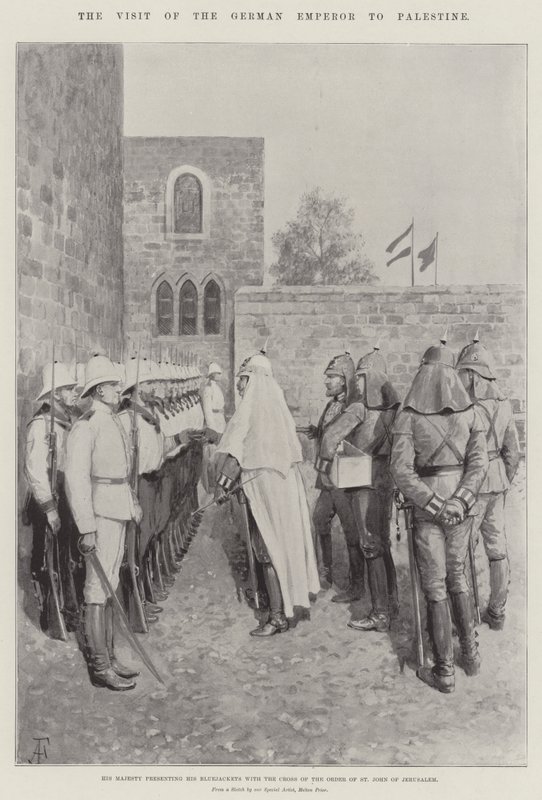 A visita do imperador alemão à Palestina, Sua Majestade apresentando os seus Casacos Azuis com a Cruz da Ordem de S. João de Jerusalém de Amedee Forestier
