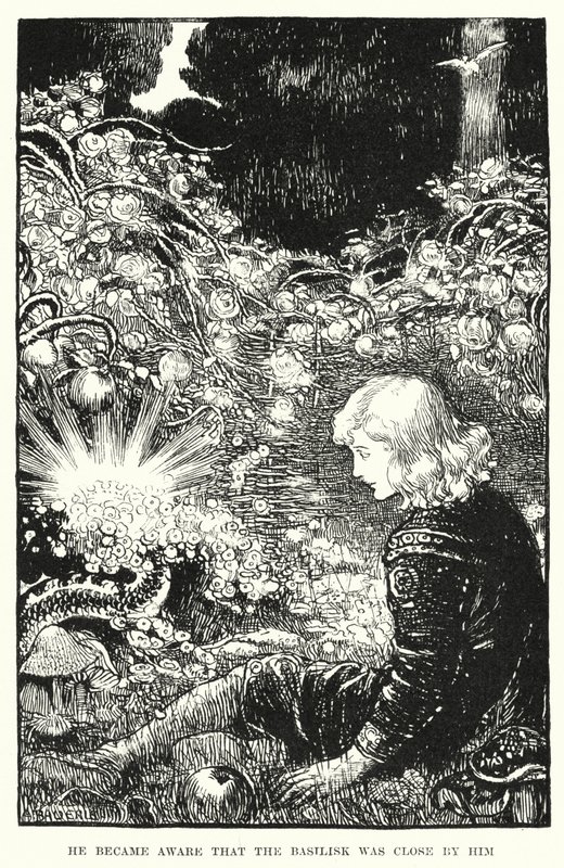 Ele percebeu que o Basilisco estava perto dele (gravura) de Amelia M. (attr.to) Bowerley or Bauerle