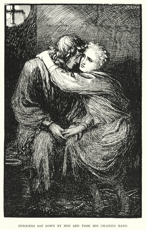 Inocentes sentaram-se ao seu lado e pegaram na sua mão acorrentada (gravura) de Amelia M. (attr.to) Bowerley or Bauerle