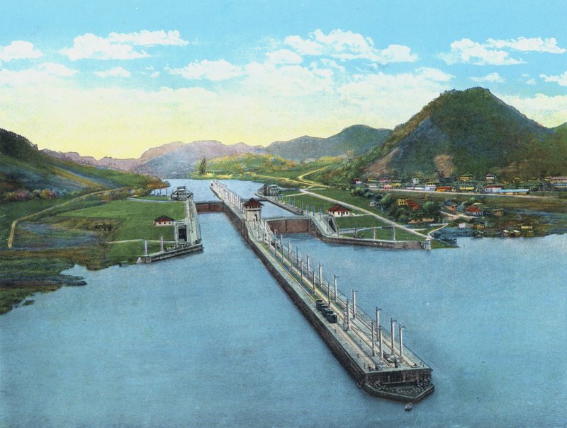 Vista aérea das eclusas de Pedro Miguel, Canal do Panamá (foto colorida) de American Photographer (after)