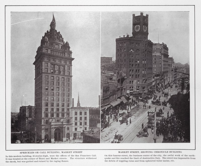 São Francisco: Spreckles ou Call Building, Market Street; Market Street, mostrando Chronicle Building (foto a p/b) de American Photographer (after)