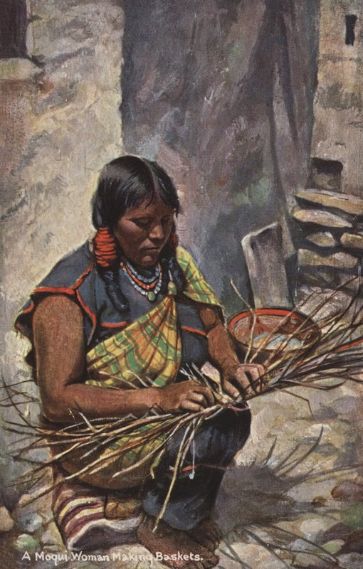 Uma mulher Moqui a fazer cestos, Arizona, EUA (fotografia a cores) de American Photographer