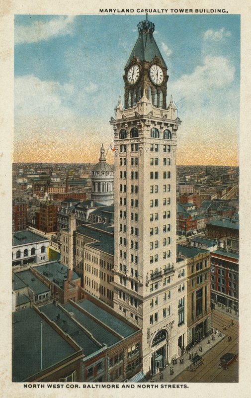 Baltimore, MA: Edifício Maryland Casualty Tower, esquina noroeste das ruas Baltimore e North (fotografia a cores) de American Photographer