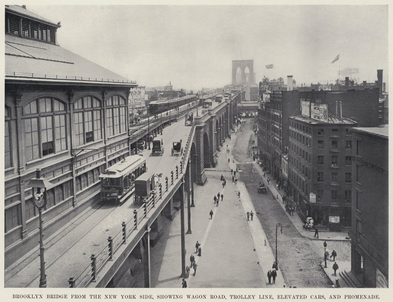 Ponte do Brooklyn do lado de Nova Iorque, mostrando Wagon Road, Trolley Line, Elevated Cars, e Promenade (foto a p/b) de American Photographer