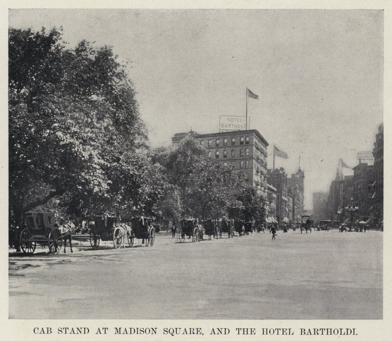Stand de táxi na Madison Square, e no Hotel Bartholdi (foto a p/b) de American Photographer