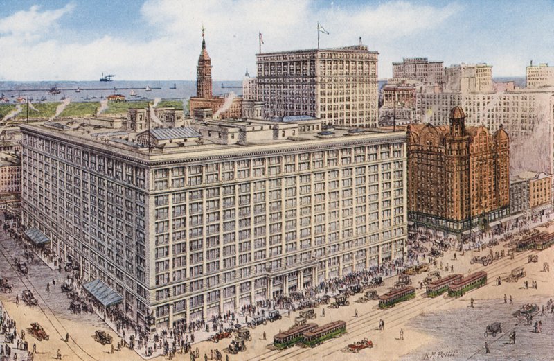 Chicago: Marshall Field and Company das ruas State e Randolph, instalações comerciais da maior loja do mundo (fotografia a cores) de American Photographer