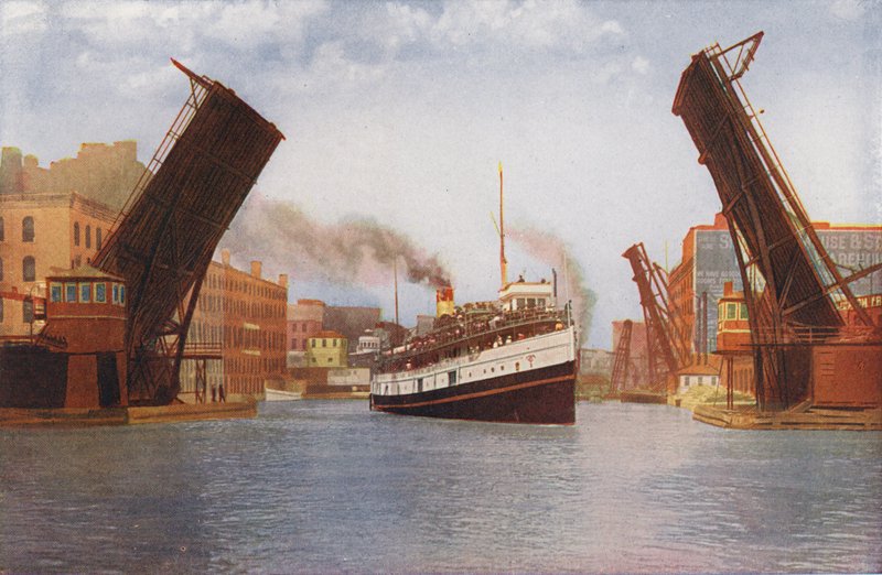 Chicago: Ponte basculante da State Street levantada para o navio a vapor de excursão (fotografia a cores) de American Photographer
