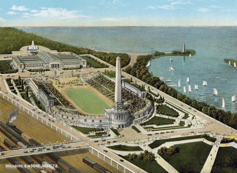 Soldados Field and Field Museum na frente do lago (foto colorida) de American Photographer