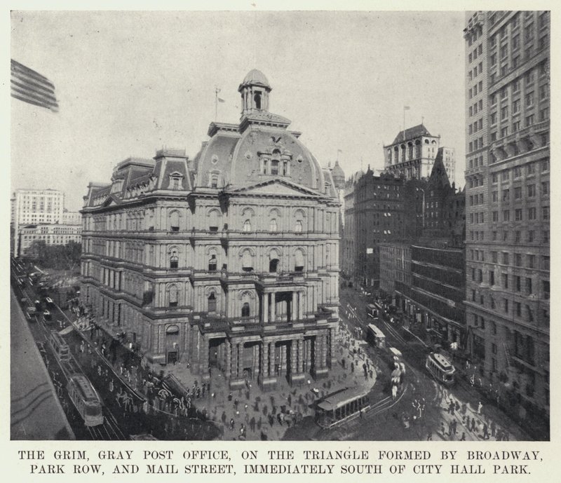 O Grim, Gray Post Office, no Triângulo formado pela Broadway, Park Row, e Mail Street, imediatamente ao sul do City Hall Park (foto a p/b) de American Photographer