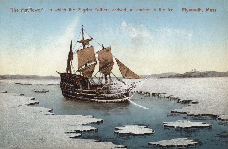 O Mayflower, no qual chegaram os Pais Peregrinos, ancorado no gelo, em Plymouth, Massachusetts (fotografia a cores) de American Photographer