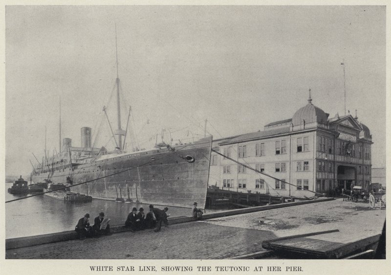 White Star Line, mostrando o Teutonic no seu Pier (foto a p/b) de American Photographer