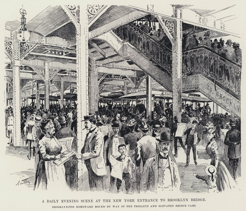 Uma Cena Nocturna Diária na Entrada de Nova Iorque para a Ponte do Brooklyn (litho) de American School