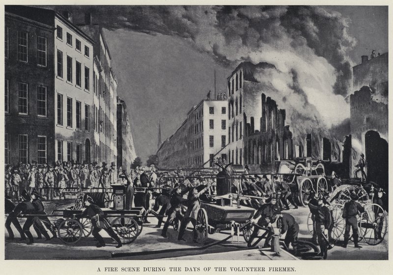 Uma Cena de Fogo durante os Dias dos Bombeiros Voluntários (litho) de American School