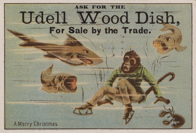 Um feliz Natal, publicidade em cartão de comércio de pratos de madeira Udell de American School