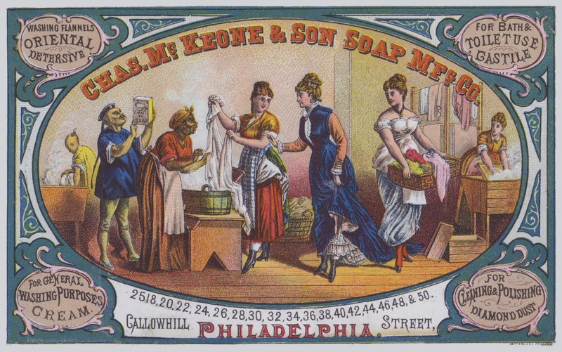 Anúncio para Charles McKeone & Son Soap Manufacturing Company, Philadelphia, Pennsylvania, EUA (color litho) de American School