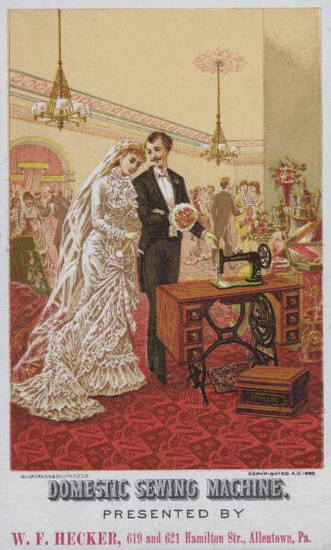 Anúncio para máquinas de costura domésticas (chromolitho) de American School