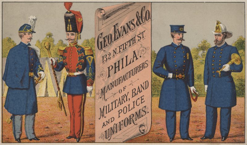 Propaganda para a George Evans & Co, fabricantes de uniformes militares, de bandas e policiais, na 132 N Fifth Street, Filadélfia de American School