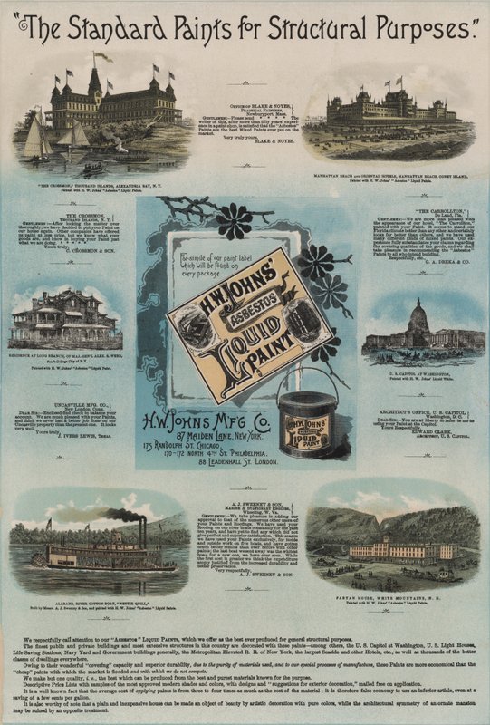 Anúncio de tintas líquidas de amianto HW Johns de American School