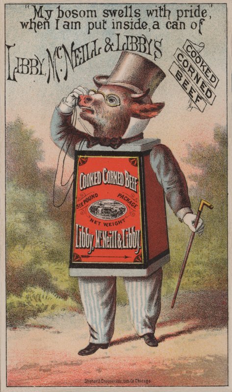 Propaganda para a carne de cordeiro cozida de Libby, McNeill & Libby de American School
