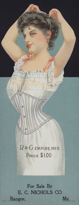 Anúncio para espartilhos femininos R & G (chromolitho) de American School