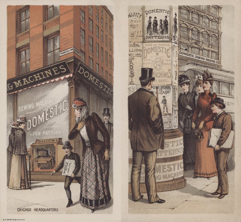 Anúncio para a Domestic Sewing Machine Company, Chicago, Illinois, EUA (cor litho) de American School