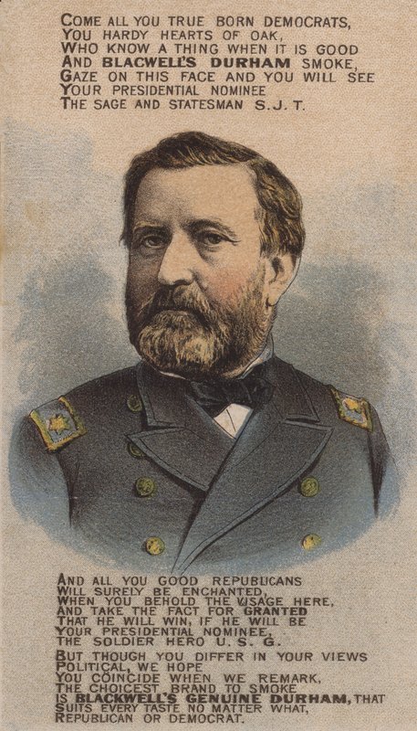 Soldado e político americano Ulysses S Grant, anunciante de cartões comerciais Blackwell Durham Bull Tobacco, década de 1870 de American School