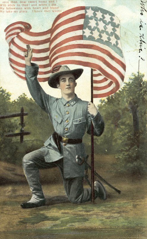 Soldado americano segurando as Estrelas e Listras (foto colorida) de American School