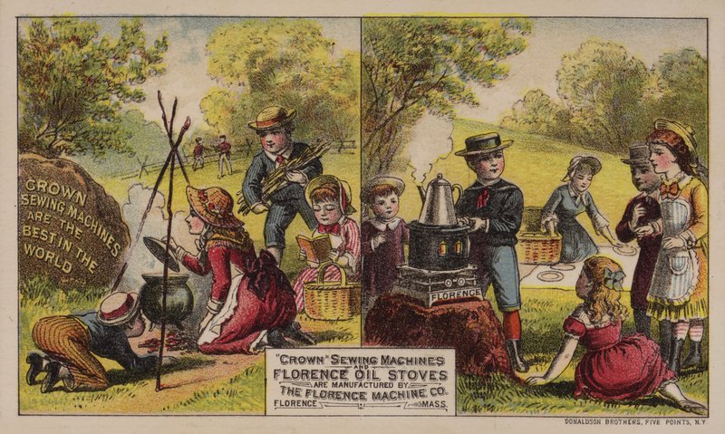 Máquinas de costura de publicidade de cartão comercial americano e fogões a óleo fabricados pela Florence Machine Company, Massachusetts, c1880s de American School
